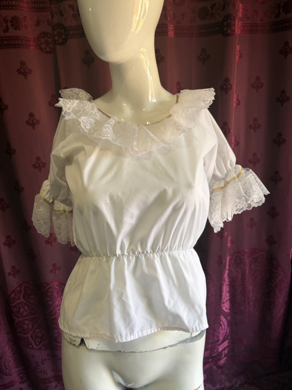 Vintage White Puffy Pirate Blouse with Lace & Gold Trim Size Small